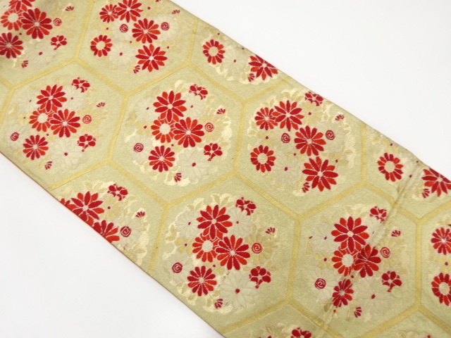 アンティーク　亀甲に雪輪・花模様織り出し袋帯(着用可)